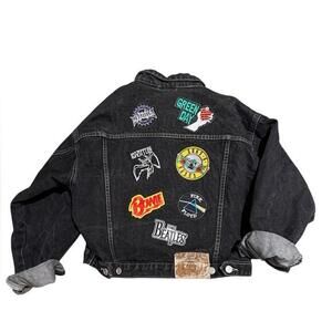 Upcycled Vintage Black Denim Jacket Band Patches Metallica Beatles Grunge